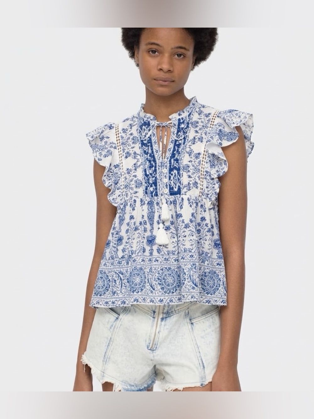 Sea New York Bella Blue White Toile Print Flutter Sleeve Tassel Top Blouse 2